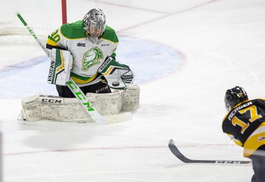 London Knight goalie Brent Brochu stops a shot by Kallaway Mercer in the third period of their game in London, Ont. on Saturday October 19, 2019. Derek Ruttan/The London Free Press/Postmedia Network