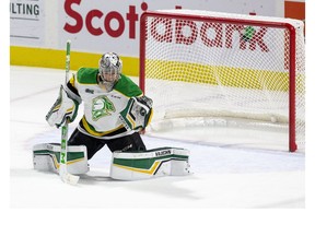 London Knights goalie Brett Brochu makes a glove save during the second period of his team's OHL hockey game against the Niagara Ice Dogs at Budweiser Gardens on Sunday Oct. 27, 2019. Derek Ruttan/The London Free Press