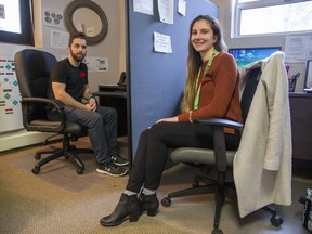 Matt Campbell and Tristan Charlinski are support line volunteers at the Canadian Mental Health Association in London, one of dozens of United Way-supported agencies in Elgin-Middlesex. (Derek Ruttan/The London Free Press)