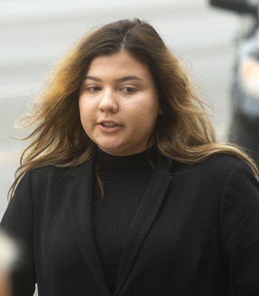 Daniella Leis, heads into court in London, Ont. on Wednesday.  Leis has been charged with impaired driving in connection with the Old East explosion. (Mike Hensen/The London Free Press)