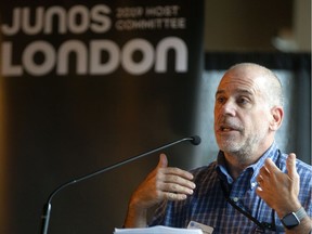 Michael Ciccone, CEO of the London Public Library speaks Thursday about the new musical instrument lending library that is being set up with surplus funds generated by the Juno Awards that were held in London in March. (Mike Hensen/The London Free Press)