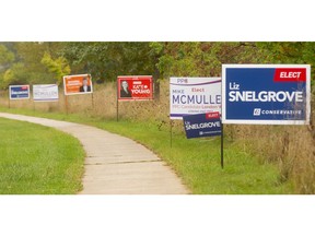 Hyde Park Road in the riding of London West sports a line of federal party election signs from all the major parties. (Mike Hensen/The London Free Press)