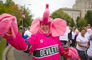 Lee Walton, who is walking for his mother in law, went just a little pink with his elephant costume for the 25th annual Run for the Cure on Sunday October 6, 2019. 
Mike Hensen/The London Free Press/Postmedia Network
