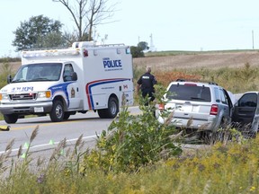 A woman was killed in a collision between an SUV and a sedan on Oct. 7, 2019, on Highbury Avenue just north of Scotland Drive in London. (Derek Ruttan/The London Free Press)