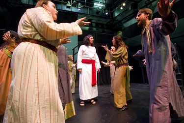 Jesus Christ performed by Braven Warren is surrounded by his supporters during the song What's the Buzz in Jesus Christ Superstar which is being presented by Pacheco Theatre at the McManus stage at the Grand Theatre running Oct. 10-19, 2019.  Photograph taken on Tuesday October 8, 2019.  Mike Hensen/The London Free Press/Postmedia Network
