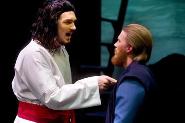 Jesus Christ performed by Braven Warren confronts Judas Iscariot played by Trevor Richie during Jesus Christ Superstar which is being presented by Pacheco Theatre at the McManus stage at the Grand Theatre running Oct. 10-19, 2019.  Photograph taken on Tuesday October 8, 2019.  Mike Hensen/The London Free Press/Postmedia Network