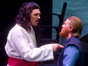Jesus Christ performed by Braven Warren confronts Judas Iscariot played by Trevor Richie during Jesus Christ Superstar, presented by Pacheco Theatre at the McManus stage at the Grand Theatre.  Photograph taken on Tuesday October 8, 2019. (Mike Hensen/The London Free Press)