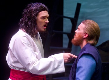 Jesus Christ performed by Braven Warren confronts Judas Iscariot played by Trevor Richie during Jesus Christ Superstar which is being presented by Pacheco Theatre at the McManus stage at the Grand Theatre running Oct. 10-19, 2019.  Photograph taken on Tuesday October 8, 2019.  Mike Hensen/The London Free Press/Postmedia Network