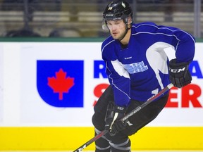 Knights' new co-captain Alex Regula works during practice at Budweiser Gardens.  Mike Hensen/The London Free Press/Postmedia Network