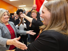 Ontario NDP Leader Andrea Horwath greets London–Fanshawe standard-bearer Lindsay Mathyssen, who’s running to succeed her mother, Irene, as the riding’s MP, during a visit to London Wednesday to pump up London-area candidates as the campaign counts down to Monday’s federal election. (Mike Hensen, The London Free Press)