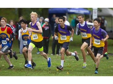 Heath McAllister, No. 361, for Central secondary school follows his teammates at the start of the junior boys' TVRA cross-country final  on Thursday Oct. 17, 2019 in Springbank Park in London, Ont.  McAllister, who won OFSAA cross-country last year as a Grade 9 student, soon moved to the front and won alone. Mike Hensen/The London Free Press