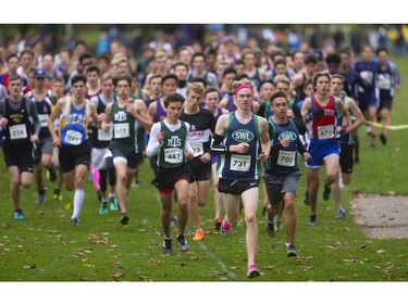 Laurier's Mathew Mason leads the pack of senior boys TVRA cross-country final at Springbank Park on Thursday Oct. 17, 2019. Mason led throughout to win alone.  Mike Hensen/The London Free Press