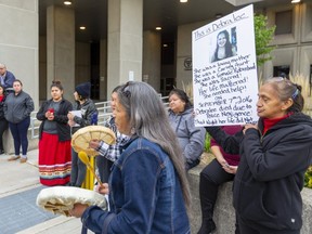 Native drummers outside the London courthouse were protesting the death of Brenda Chrisjohn who died in police custody in 2016.  (Mike Hensen/The London Free Press)