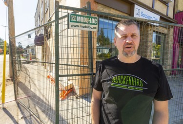 Rob Dore who just held a grand opening of his Society Cafe on Blackfriars Road, will be out of business indefinitely after a car side swiped the building he rents space in early Sunday morning and hit a home across the street. Photograph taken on Monday October 28, 2019.  Mike Hensen/The London Free Press/Postmedia Network