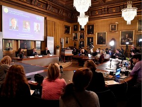 Goran K Hansson, Secretary General of the Royal Swedish Academy of Sciences, and academy members Sara Snogerup Linse and Olof Ramstrom, announce the winners of the 2019 Nobel Prize in Chemistry during a news conference at the Royal Swedish Academy of Sciences in Stockholm, Sweden, October 9, 2019. The prize is awarded to John B. Goodenough, M. Stanley Whittingham, and Akira Yoshino.