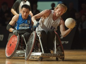 London resident Garett Hickling (right) plays wheelchair rugby on April 29, 2012. (Peter McCabe / THE MONTREAL GAZETTE )