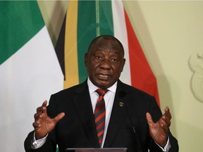 South African President Cyril Ramaphosa speaks during a news conference after a meeting with his Nigerian counterpart Muhammadu Buhari, in Pretoria, South Africa, October 3, 2019.