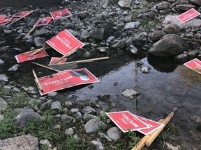 The Perth-Wellington Liberal campaign has suffered extensive damage to signs throughout the riding, including several that were dumped into shallow water under a bridge near Conestoga Lake. (Submitted photo)