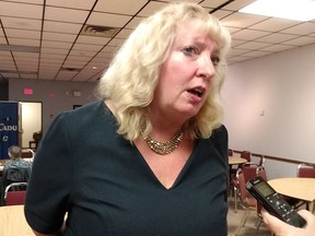 Sarnia-Lambton MP Marilyn Gladu talks to reporters at the Royal Canadian Legion Branch 62 in Sarnia Monday. Gladu was re-elected to represent the riding, again in opposition. (Paul Morden/The Observer)
