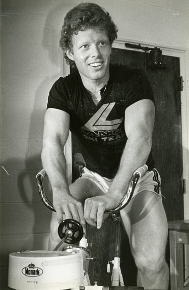 Canadian downhill skiier Todd Brooker works hard to strengthen his injured knee at UWO clinic, in hopes to compete in the Olympics, 1984. (London Free Press files)