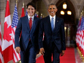 In this file photo taken on June 29, 2016 Prime Minister Justin Trudeau and President Barack Obama exit the Hall of Honour on Parliament Hill following the North American Leaders Summit in Ottawa. (CHRIS ROUSSAKIS/AFP via Getty Images)