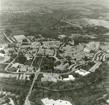 Aerial of UWO campus, University Drive going in at the bottom to Perth Drive, 1987. (London Free Press files)