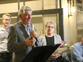 Dave MacKenzie speaks to supporters at Ironworks Kitchen in Woodstock, Ont. on Monday Oct. 21, 2019. MacKenzie was re-elected in Oxford and will serve his sixth term as a member of Parliament. (Greg Colgan/Woodstock Sentinel-Review)