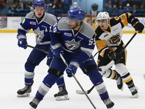 Quinton Byfield of the Sudbury Wolves looks for a teammate to pass to during OHL action against the Hamilton Bulldogs at the Sudbury Community Arena in Sudbury, Ont. on Friday March 15, 2019. John Lappa/Sudbury Star/Postmedia Network