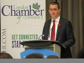 Minister of Labour Monte McNaughton talks about some of the Ontario governments plans as part of the provinces annual fall economic statement, tabled in the legislature on Wednesday, during a speech in front of members of the London Chamber of Commerce Thursday. JONATHAN JUHA, The London Free Press