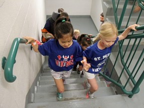 Pupils from London’s St. Paul Catholic elementary school climb the city’s tallest building, One London Place, as part of this year’s Scotiabank StairClimb fundraising event organized by the United Way Elgin Middlesex. (JONATHAN JUHA, The London Free Press)