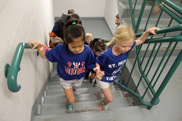 Pupils from London’s St. Paul Catholic elementary school climb the city’s tallest building, One London Place, as part of this year’s Scotiabank StairClimb fundraising event organized by the United Way Elgin Middlesex. (JONATHAN JUHA, The London Free Press)
