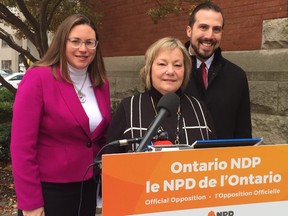 Visiting NDP MPPs Catherine Fife (Waterloo), Jennie Stevens (St. Catharines) and environmental critic Ian Arthur (Kingston and the Islands). unveiled a new plan to combat climate change on Thursday in London. (HEATHER RIVERS, The London Free Press)