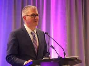 Western University president Alan Shepard announces RBC's $3-million donation to create a new program focusing on data analytics and artificial intelligence. (JONATHAN JUHA, The London Free Press)