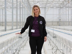 Kelsey Jobson, director of product management for Eve and Co., stands in the company’s new 72,000-square-metre greenhouse, which is awaiting approval from Health Canada to begin growing marijuana. The company also announced it is partnering with Colio Estate Wines of Essex County on a cannabis-infused beverage. (Dale Carruthers, The London Free Press)