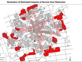 An illustration of the areas where bus service may be cut in London if city council digs in and funds only a 1.5 per cent budget increase for the London Transit Commission.