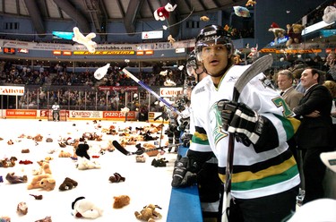 London Knights Akim Aliu watches the teddy bears fall after Daniel Erlich scored the first goal for the London Knights during the annual Teddy Bear Toss at the John Labatt Centre Friday night.  All the stuffed toys will go to the Salvation Army to assist families at Christmas.