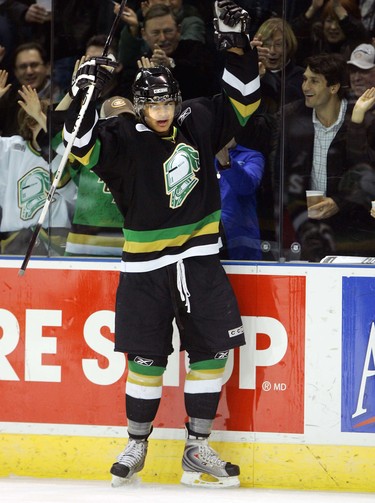 London Knight defenceman Akim Aliu celebrates after scoring in the first period of their game against the Kitchener Rangers at the John Labatt Centre in London, Ontario on Thursday, January10.