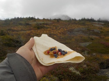 Hiker Ian Newton displays his snack of flatbread and peanut butter plus blueberries he has just picked from bushes growing on Goose Eye Mountain in Maine, just north of the New Hampshire border.

IAN NEWTON/Special to Postmedia News
Appalachian Trail 2019