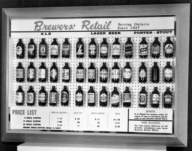 Brewers' Retail displayed all the ales, lagers, porters, and stouts available, c. 1963. (Courtesy: Brewed in the North: A History of Labatt's by Matthew J. Bellamy - McGill-Queen's University Press, c. 2019)