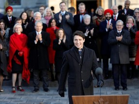 Canada's Prime Minister Justin Trudeau speaks during a news conference after presenting his new cabinet, at Rideau Hall in Ottawa, Ontario, Canada Nov. 20, 2019. (REUTERS/Blair Gable)