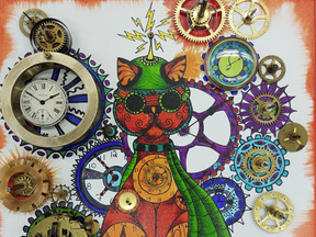 Cheryl Garrett-Jenkins' A Clockwork Cat/Orange is part of a new group exhibition, The Clock Show, opening Sunday at Strand Fine Art Services.