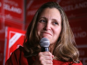 Liberal MP and Canada's Foreign Minister Chrystia Freeland speaks with supporters following the federal election results in Toronto, October 21, 2019. (REUTERS/Chris Helgren)
