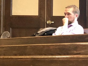 London Coun. Josh Morgan, city council’s budget chair, sits during a Tuesday's Middlesex County council meeting at which county officials discussed increases to the Middlesex-London Paramedics Service's budget. JONATHAN JUHA, The London Free Press.