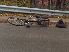 A London cyclist was transported to hospital with non life-threatening injuries following a crash early Monday.(Heather Rivers, The London Free Press)