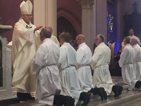 Ronald Fabbro, bishop of the London Catholic diocese, ordained seven new deacons on Saturday, which brings their ranks to 81 across Southwestern Ontario. (Heather Rivers/The London Free Press)