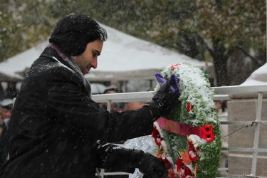 Liberal MP Peter Fragiskatos lays a wreath at the Cenotaph during the Remembrance Day ceremony in Victoria Park on Monday, Nov. 11, 2019. (DALE CARRUTHERS, The London Free Press)