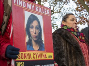 Meggie Cywink spoke at an anti-women abuse campaign launch at Victoria Park in London in 2019. Her sister, Sonya Cywink, was found dead in August 1994 outside London and her murder remains unsolved.