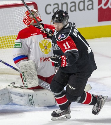 Connor McMichael of Team OHL (and the London Knights) celebrates after he scored on Team Russia goalie Amir Miftakhov during the first period of their game in London, Ont. on Tuesday November 12, 2019. Derek Ruttan/The London Free Press/Postmedia Network