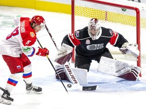 Russia's Yegor Stepanov can't put the puck past OHL goalie Hunter Jones during the first period of their game at Budweiser Gardens in London, Ont. on Monday November 11, 2019. (Derek Ruttan/The London Free Press)