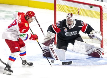 Russia's Yegor Stepanov can't put the puck past OHL goalie Hunter Jones during the first period of their game at Budweiser Gardens in London, Ont. on Monday November 11, 2019. (Derek Ruttan/The London Free Press)